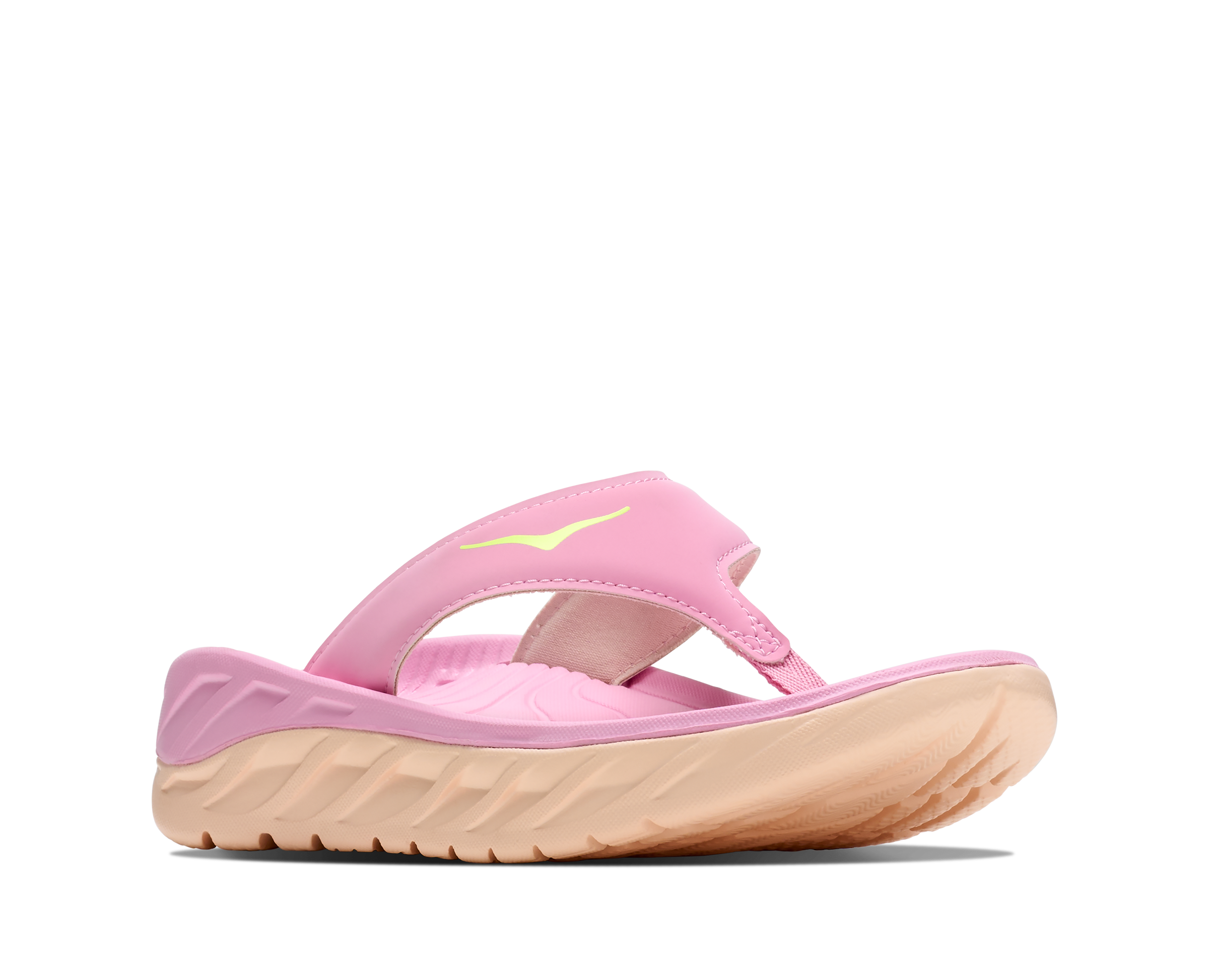 Pink sandal with a yellow logo on a white background