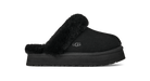 A single black UGG slip-on mule slipper with a plush black faux-fur collar and a thick black platform sole, shown from the side on a white background.