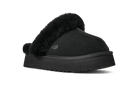 A single black UGG slipper with a thick black platform sole and fluffy black faux-fur trim, shown from a side angle on a white background.