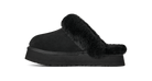 A single black slip-on clog-style slipper with a thick platform sole and fluffy faux-fur trim, shown in side profile on a plain white background.