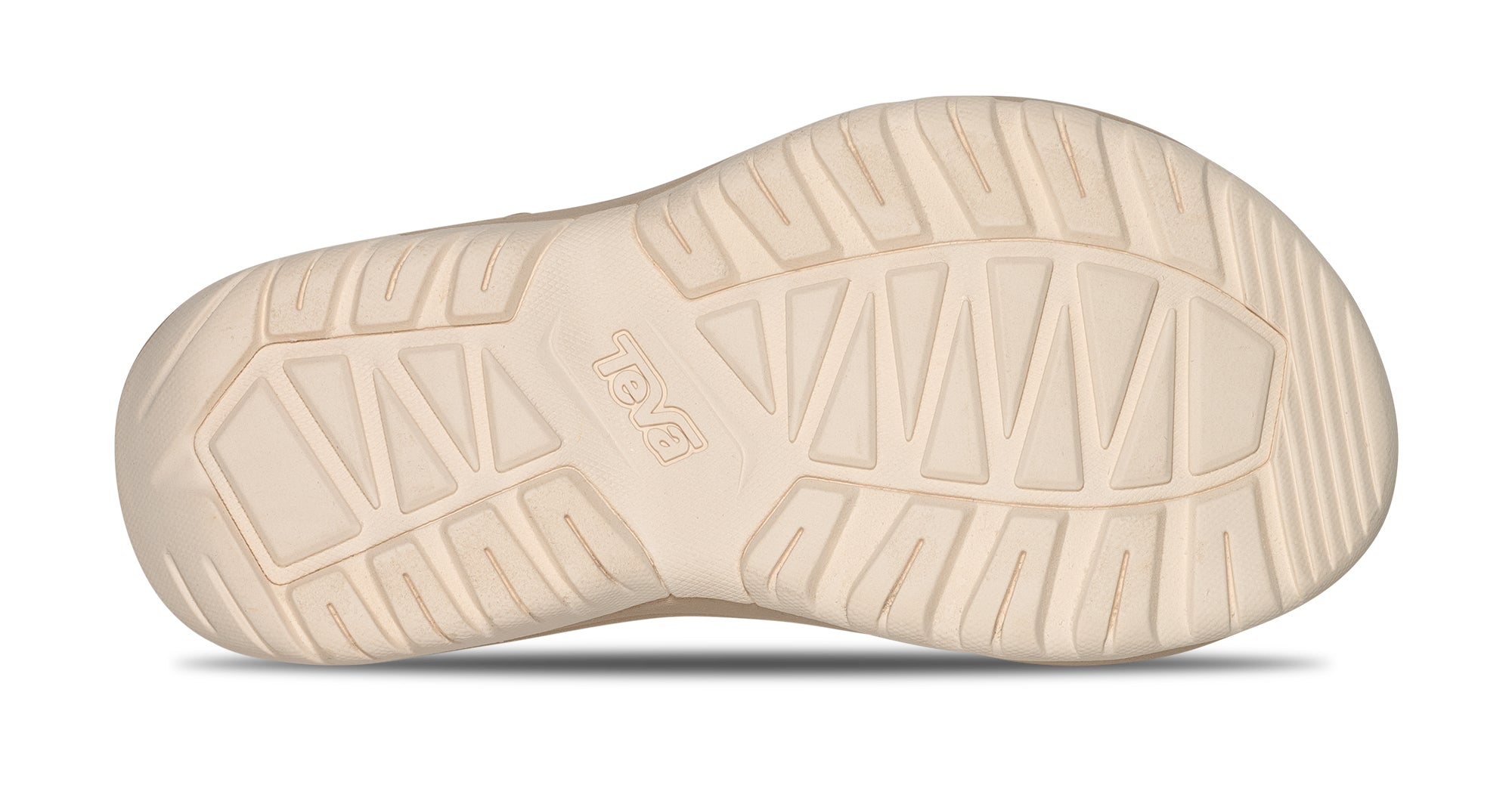 Close-up of a beige shoe sole with brand logo on a white background