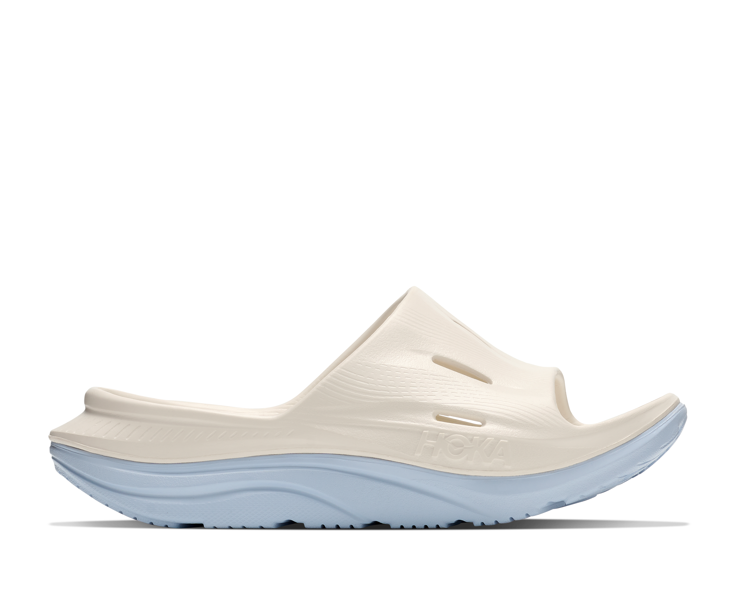 White sandal with light blue sole on a white background