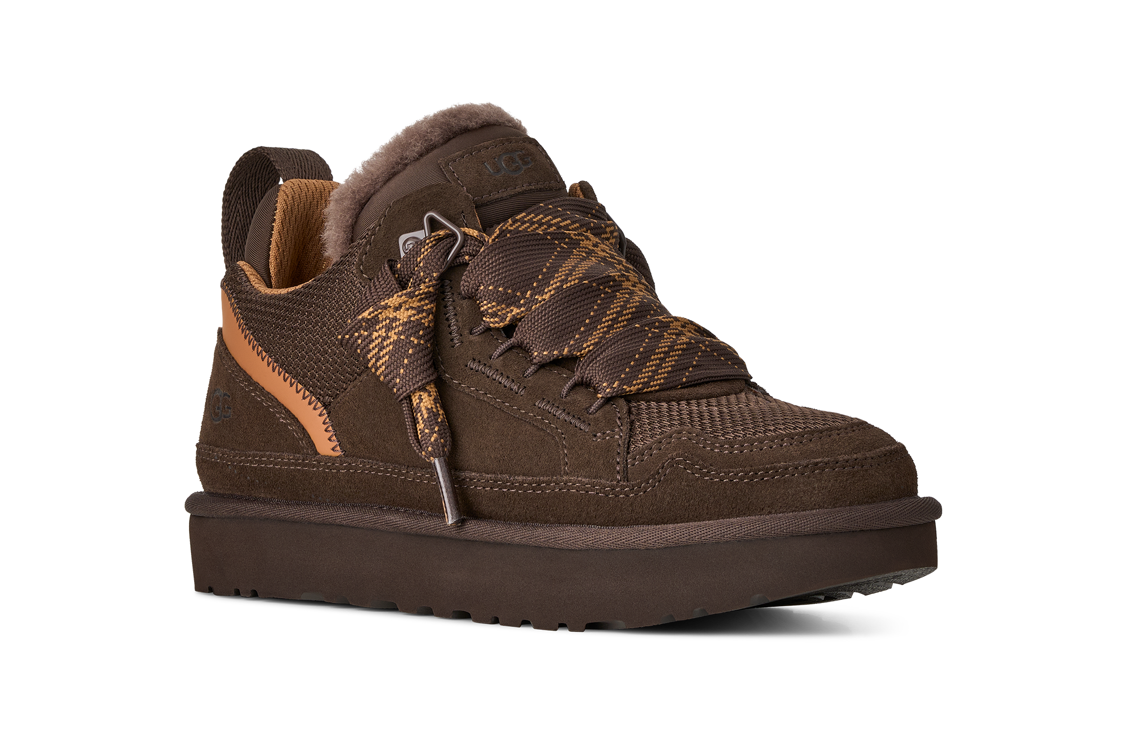 A brown low-top lace-up shoe with a fuzzy brown collar, brown textured overlays, and a thick brown sole, shown on a plain white background.