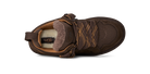 A single brown UGG lace-up bootie with a fuzzy brown shearling lining and patterned laces, shown from a side profile on a white background.