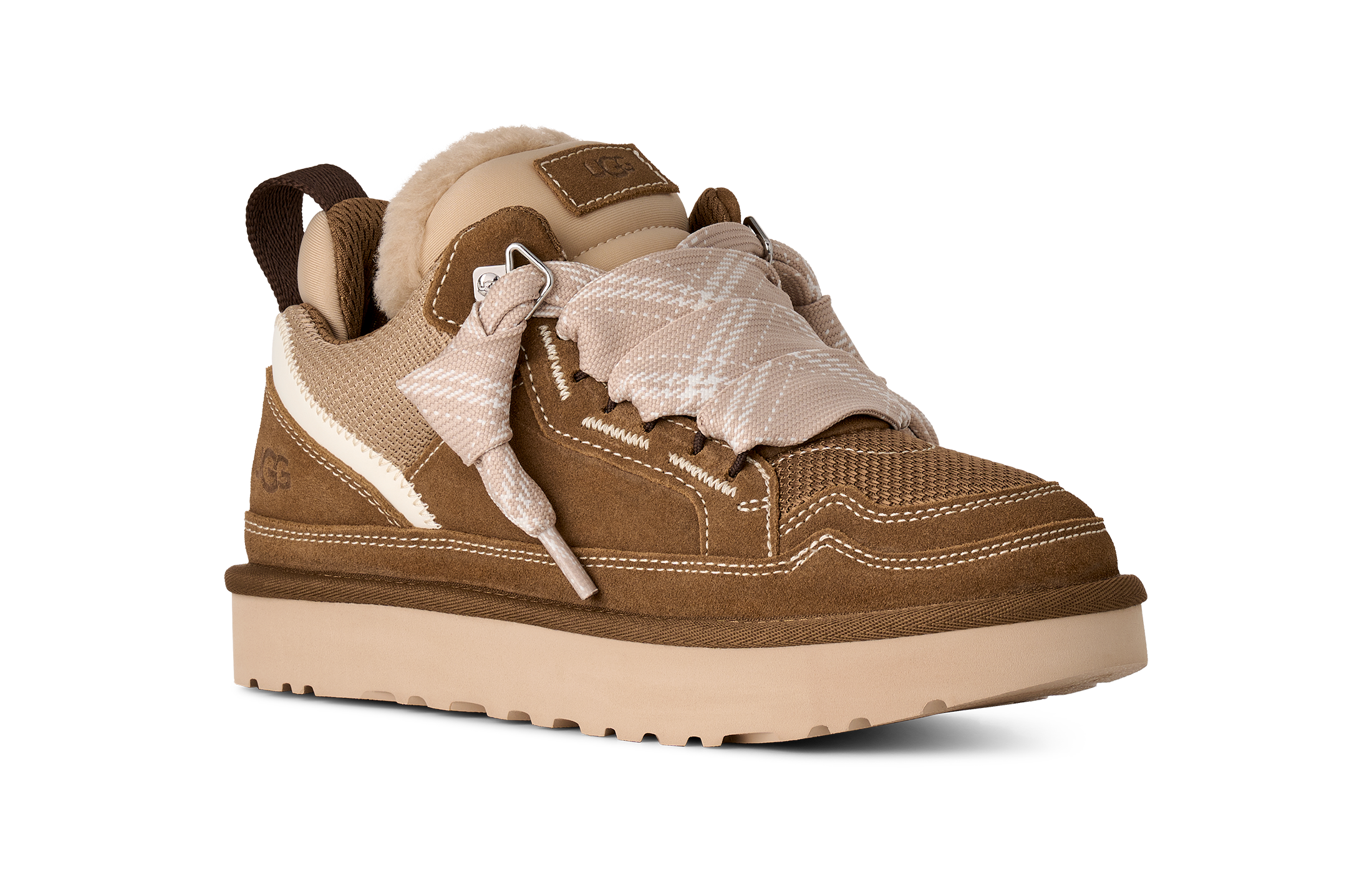 Brown sneaker with beige accents on a white background