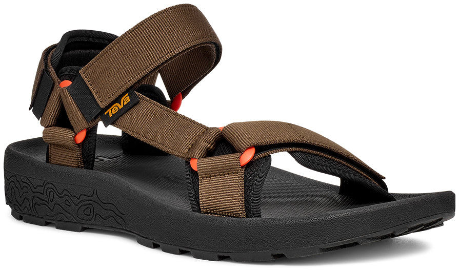 Brown sandal with orange accents on a white background