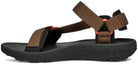 Brown and black sandal with multiple straps on a white background