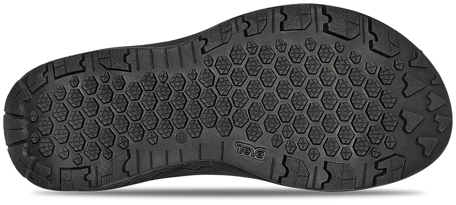 Close-up of a black shoe sole with tread pattern on a white background