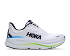 White running shoe with black and blue accents on a white background