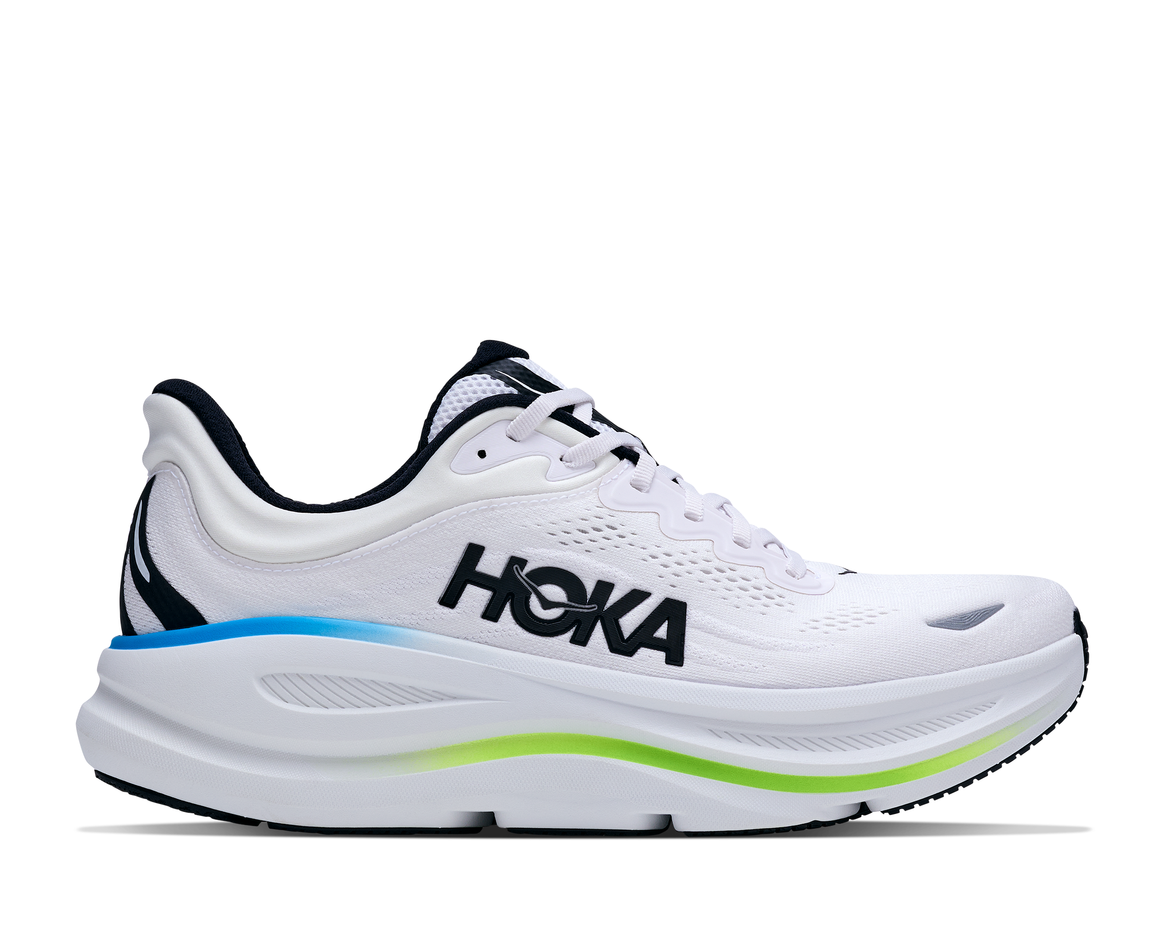 White running shoe with black and blue accents on a white background
