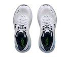White running shoes with black and green accents on a white background