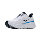 White running shoe with black and blue accents on a white background