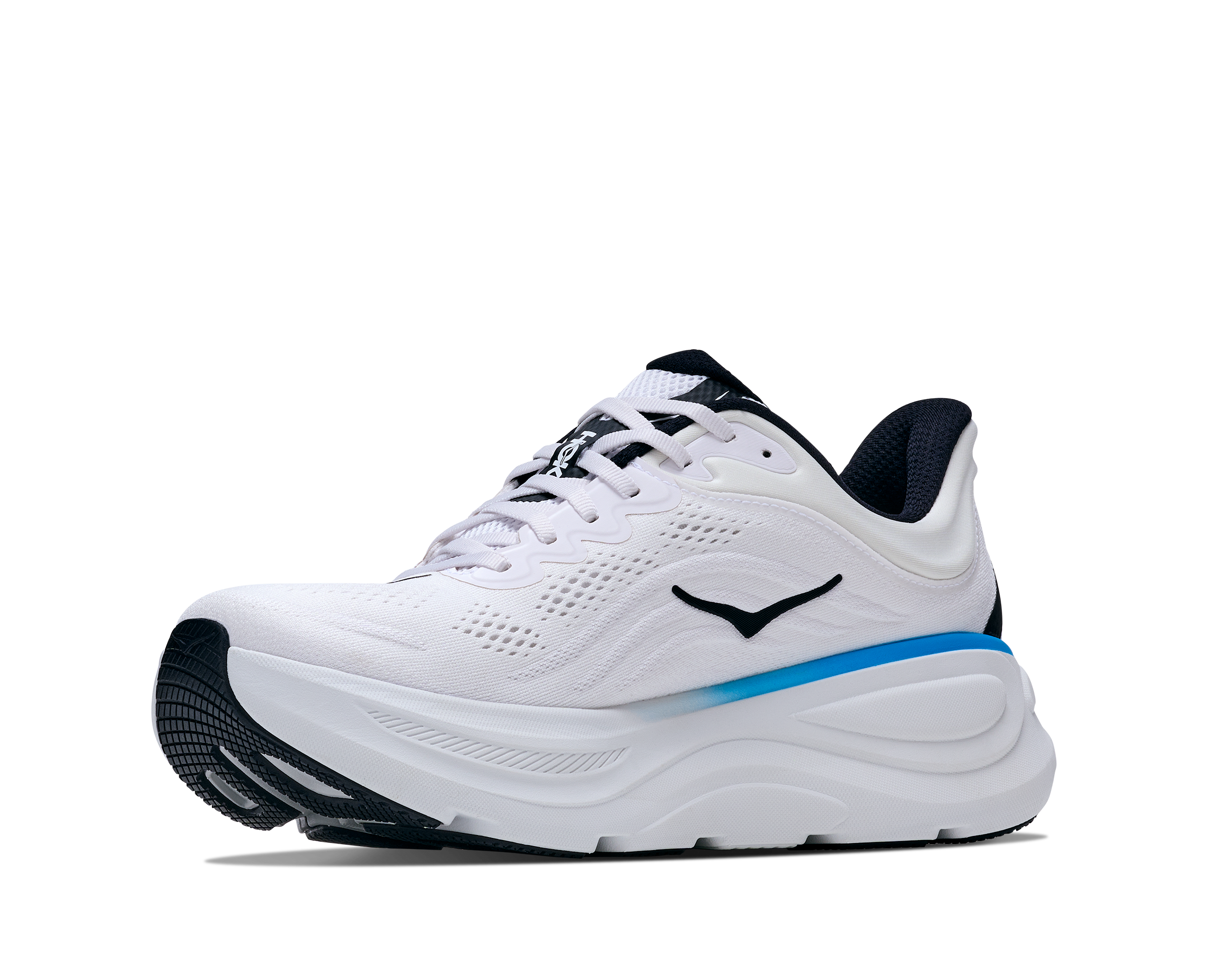 White running shoe with black and blue accents on a white background
