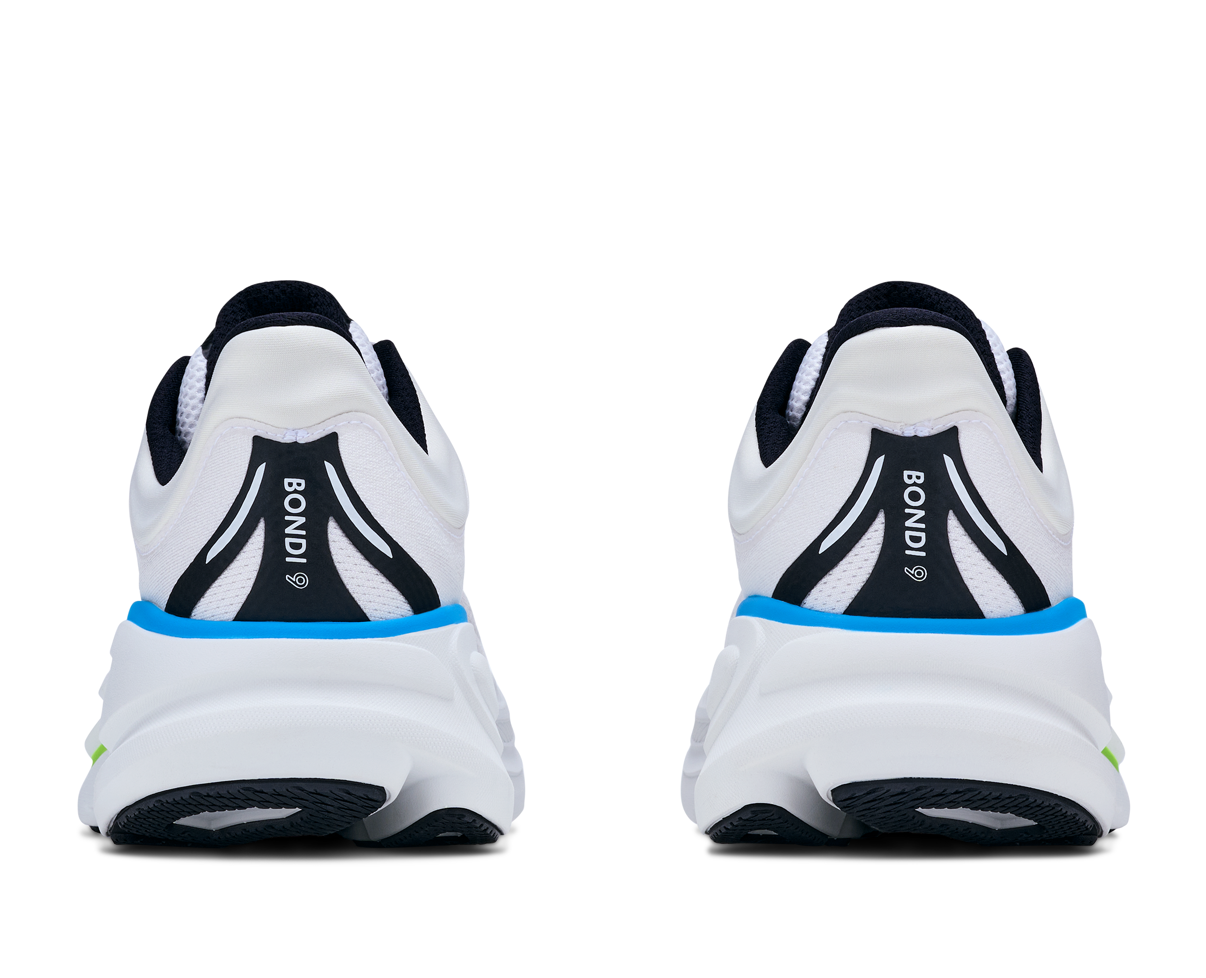 White running shoes with black and blue accents on a white background
