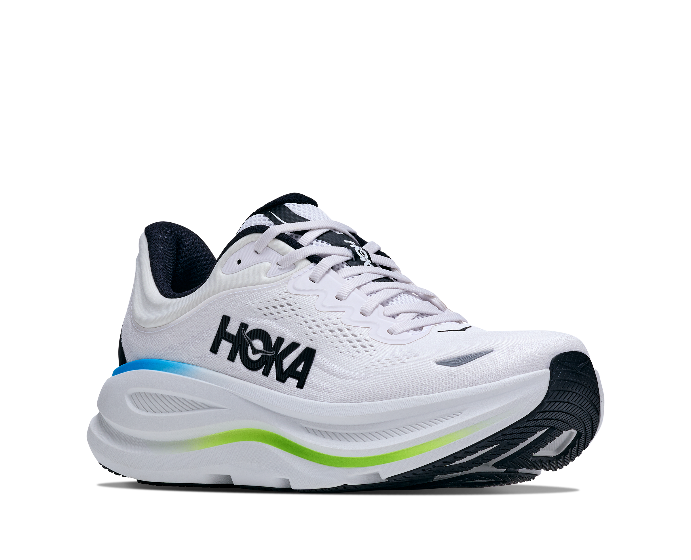 White running shoe with black and blue accents on a white background