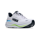 White running shoe with black and blue accents on a white background