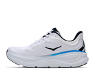 White running shoe with black and blue accents on a white background