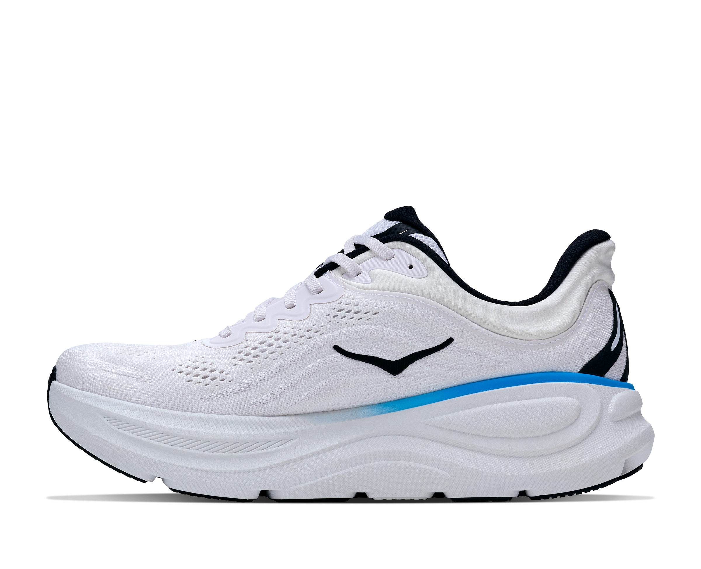 White running shoe with black and blue accents on a white background