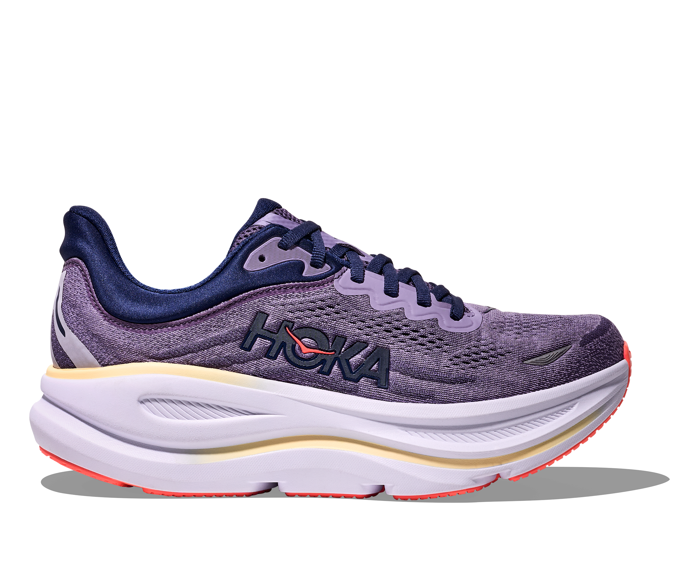Purple running shoe with white sole on a white background