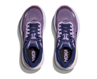 Pair of purple running shoes with 'Hoka' branding on a white background