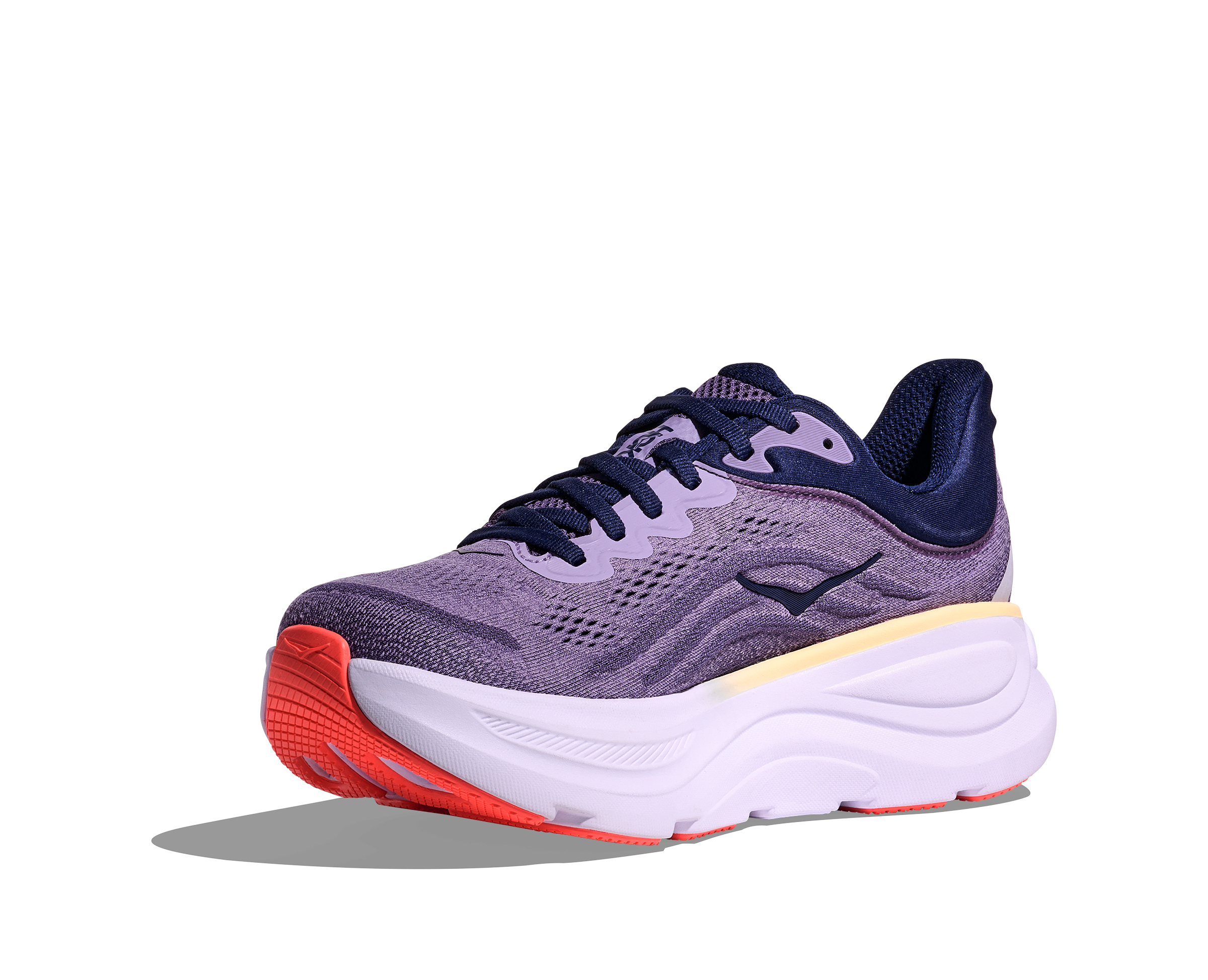 Purple running shoe with a white sole and red accent on a white background