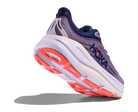 Hoka running shoe with purple and orange design on a white background