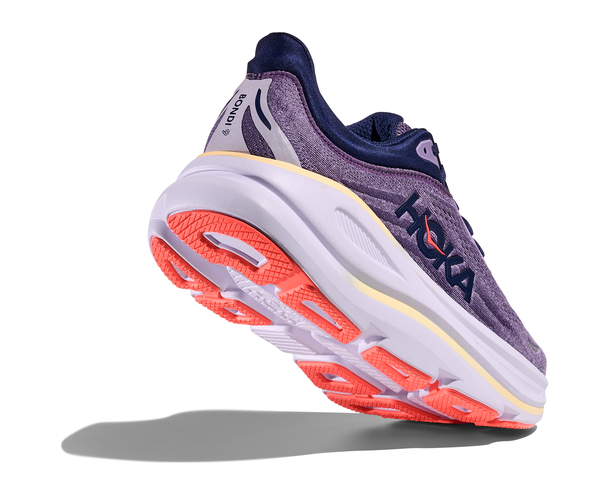 Hoka running shoe with purple and orange design on a white background