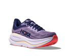 Purple running shoe with red sole on a white background