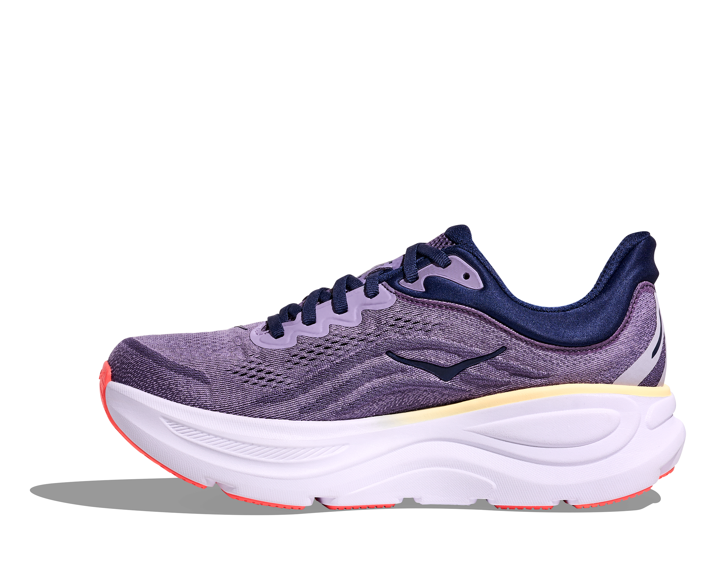 Purple running shoe with white sole on a white background