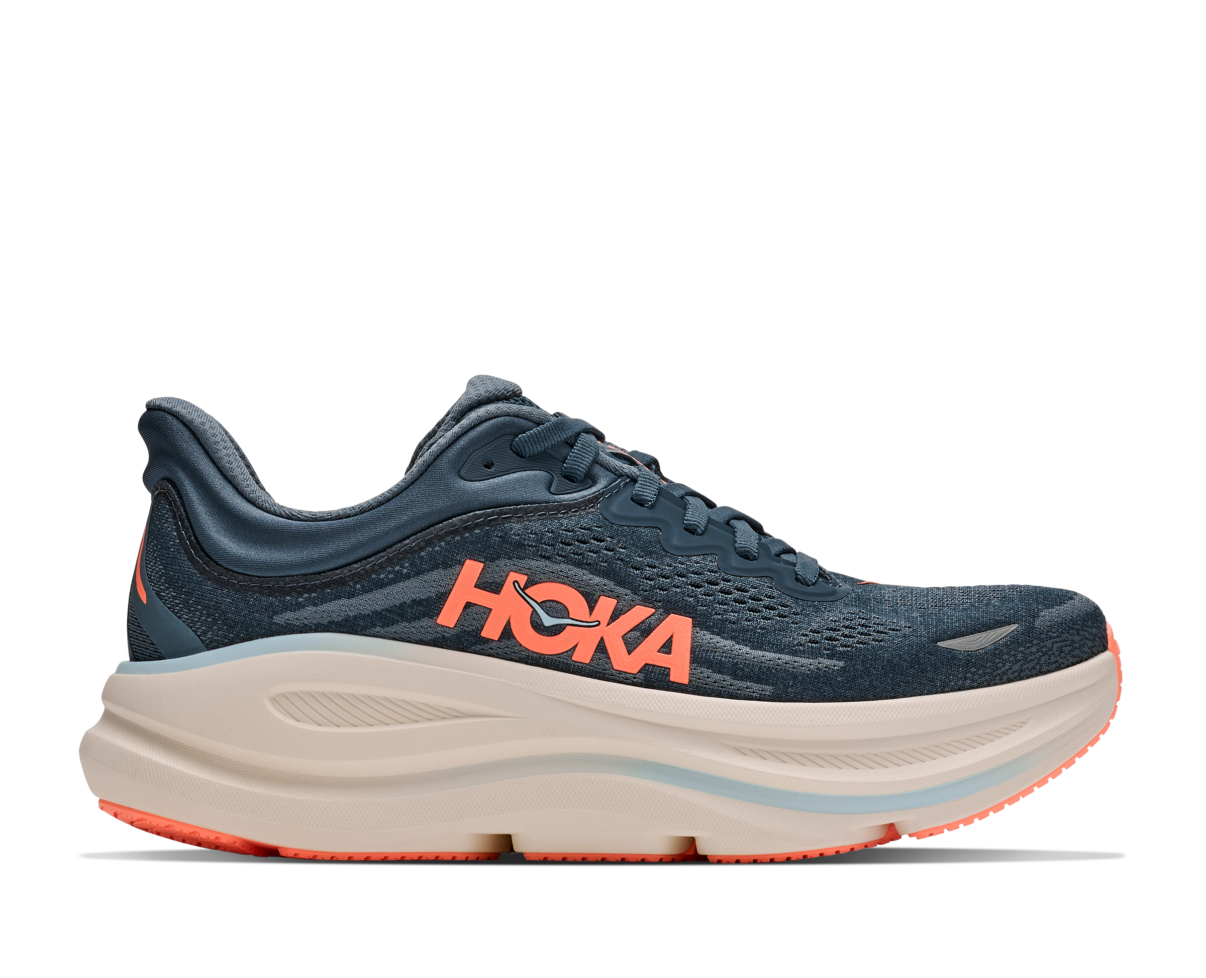 Navy running shoe with orange Hoka logo on a white background