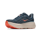 Blue running shoe with orange accents on a white background