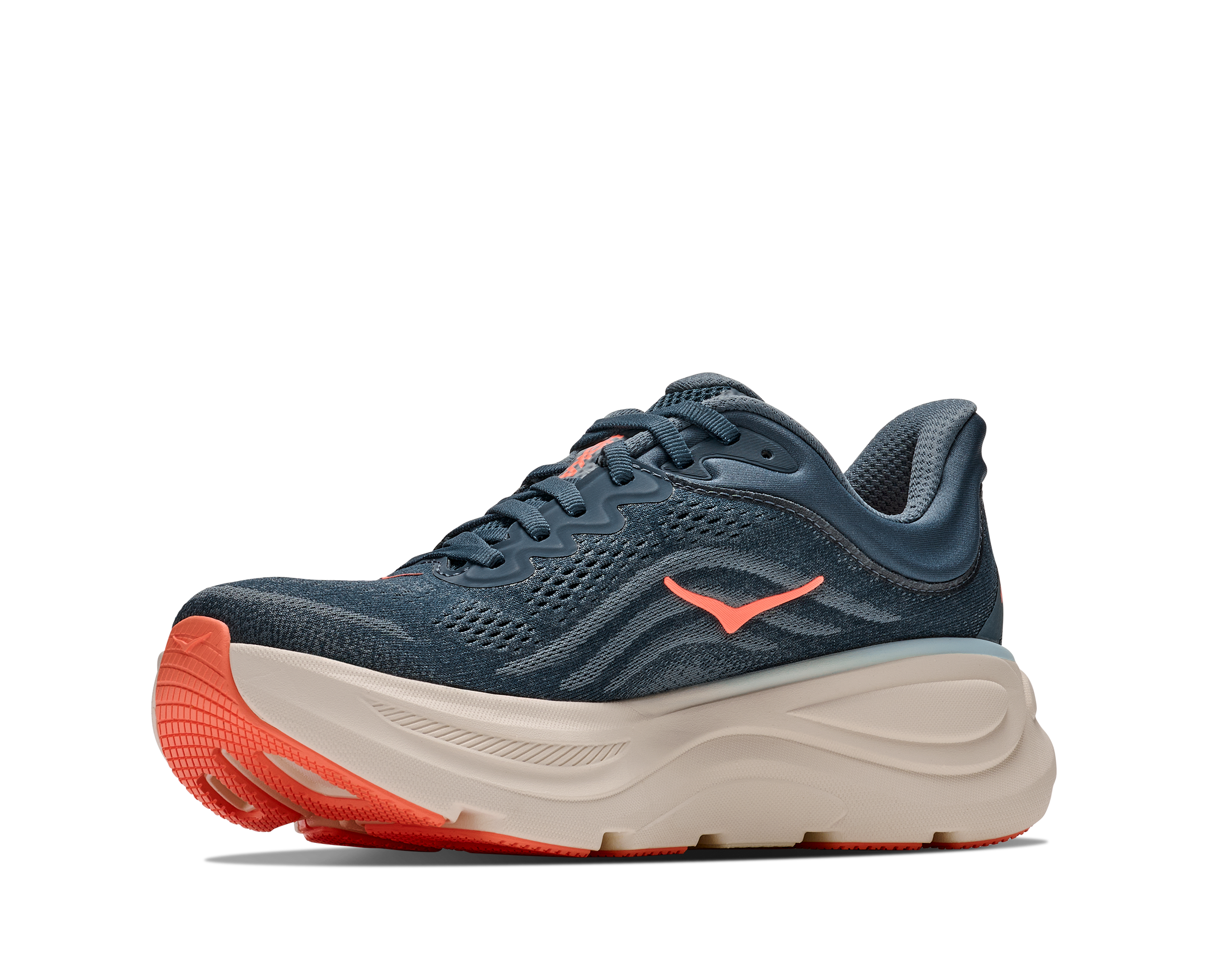 Blue running shoe with orange accents on a white background