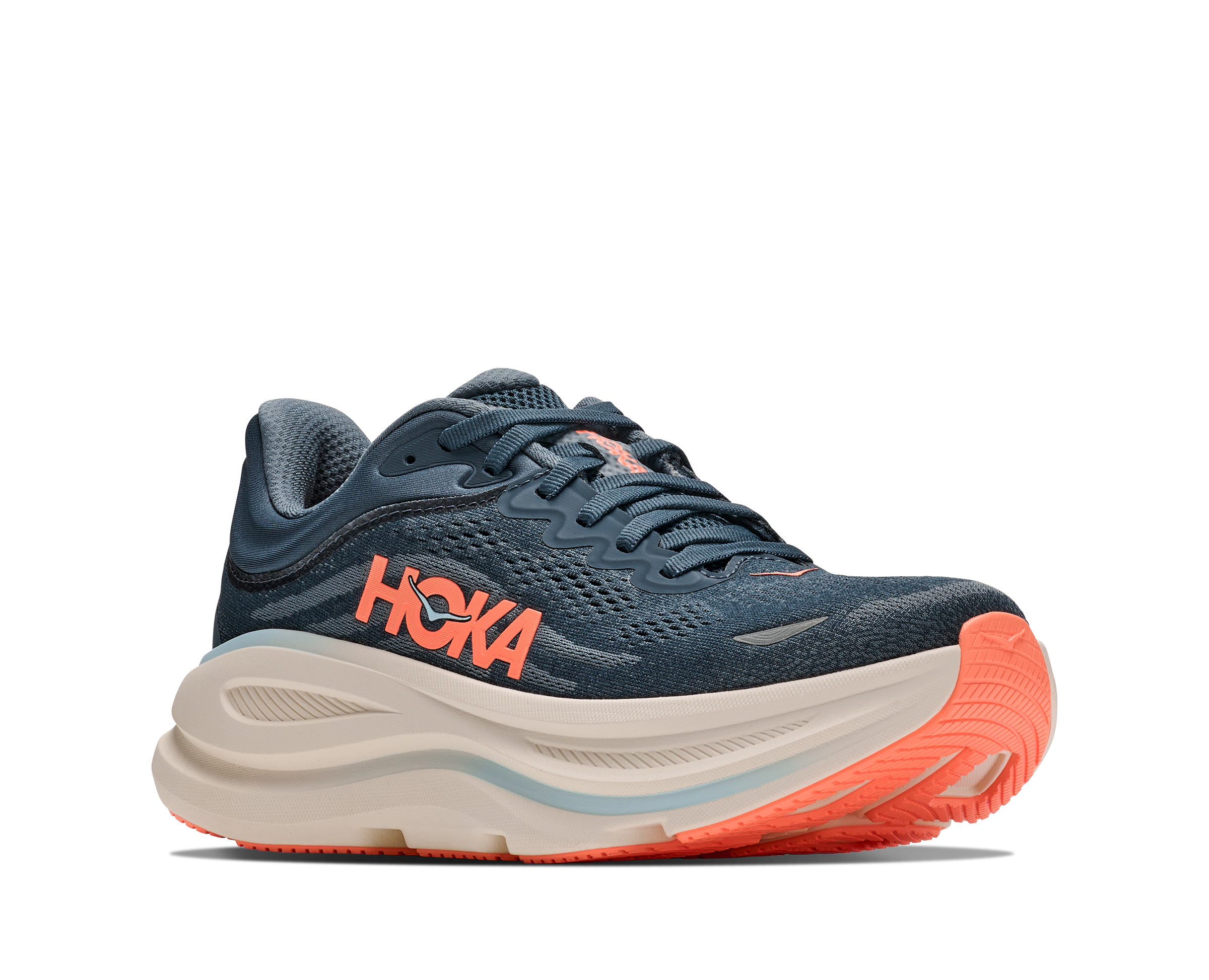 Blue running shoe with orange sole and Hoka branding on a white background