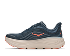 Blue running shoe with orange accents on a white background