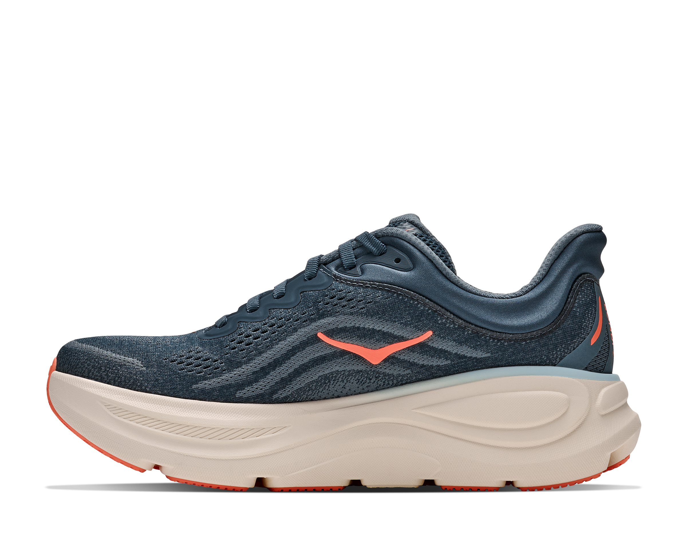 Blue running shoe with orange accents on a white background