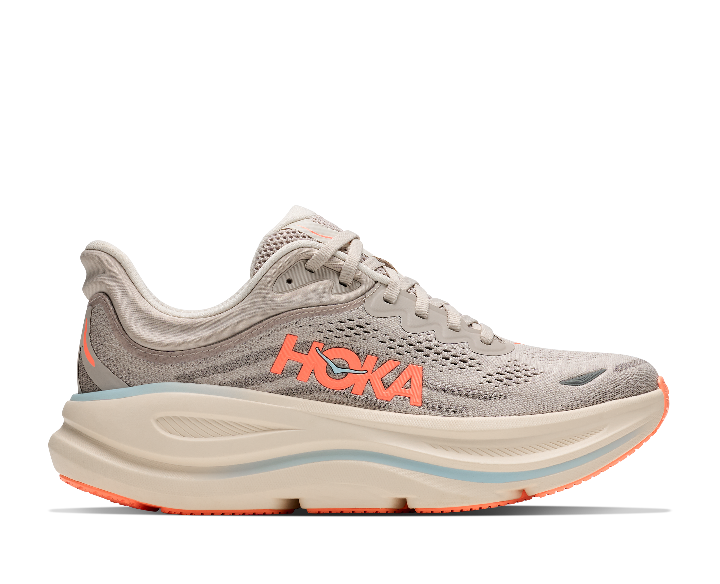 Gray running shoe with orange 'Hoka' logo on a white background