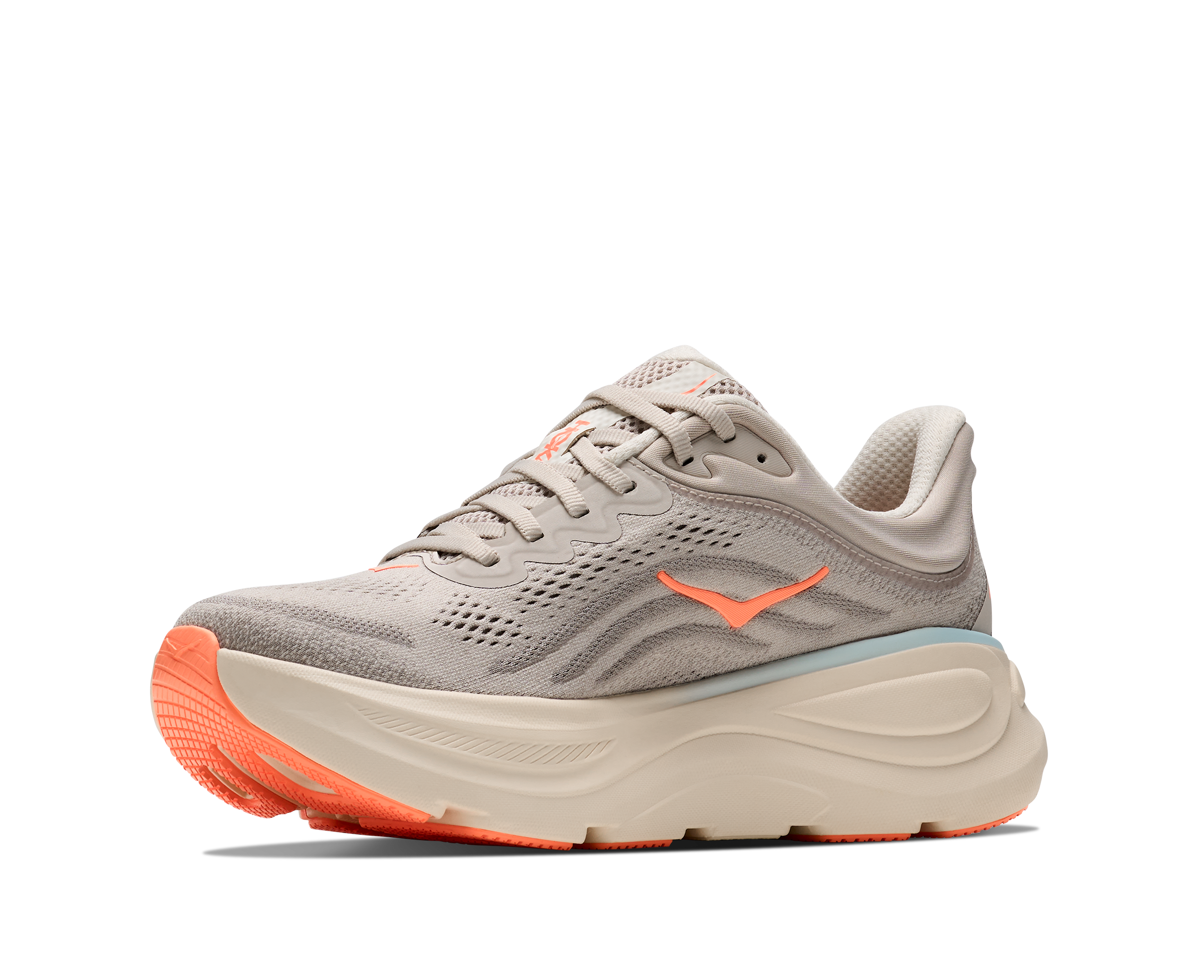 Gray running shoe with orange accents on a white background
