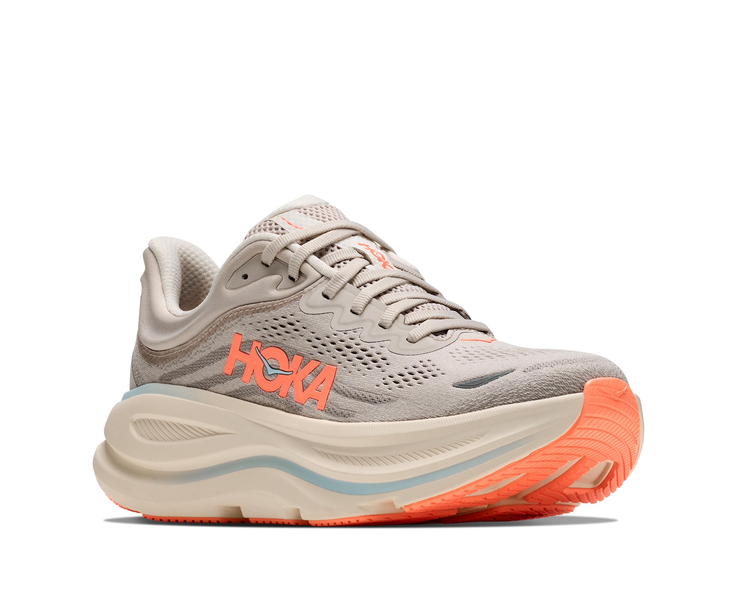 Gray running shoe with orange sole and 'Hoka' branding on a white background