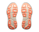 Close-up of the sole of a shoe with orange and white pattern on a black background