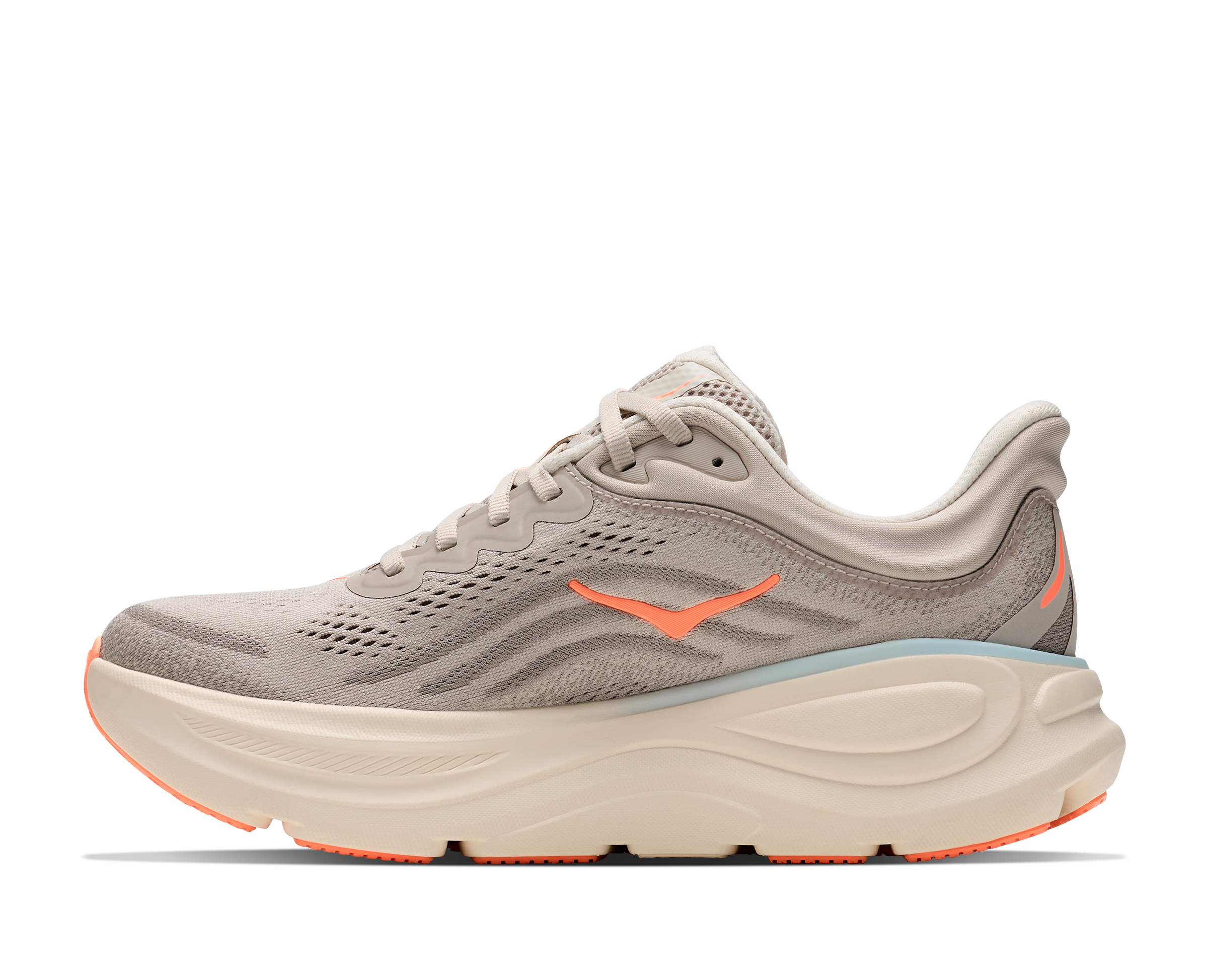 Gray running shoe with orange accents on a white background