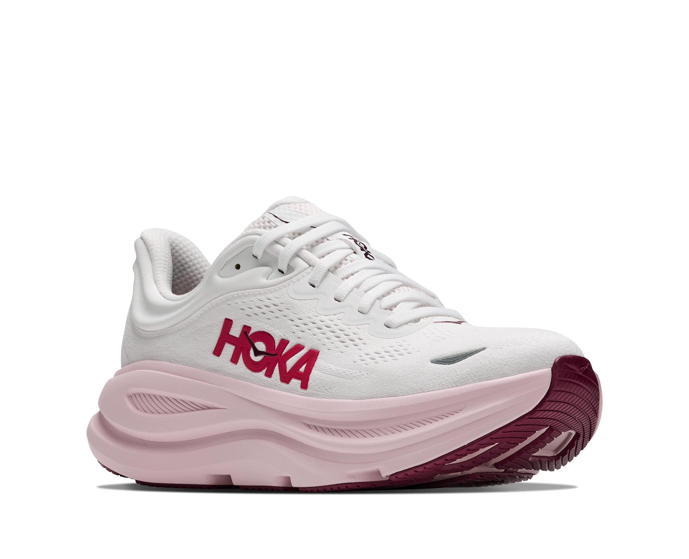 White and pink running shoe with 'Hoka' branding on a white background