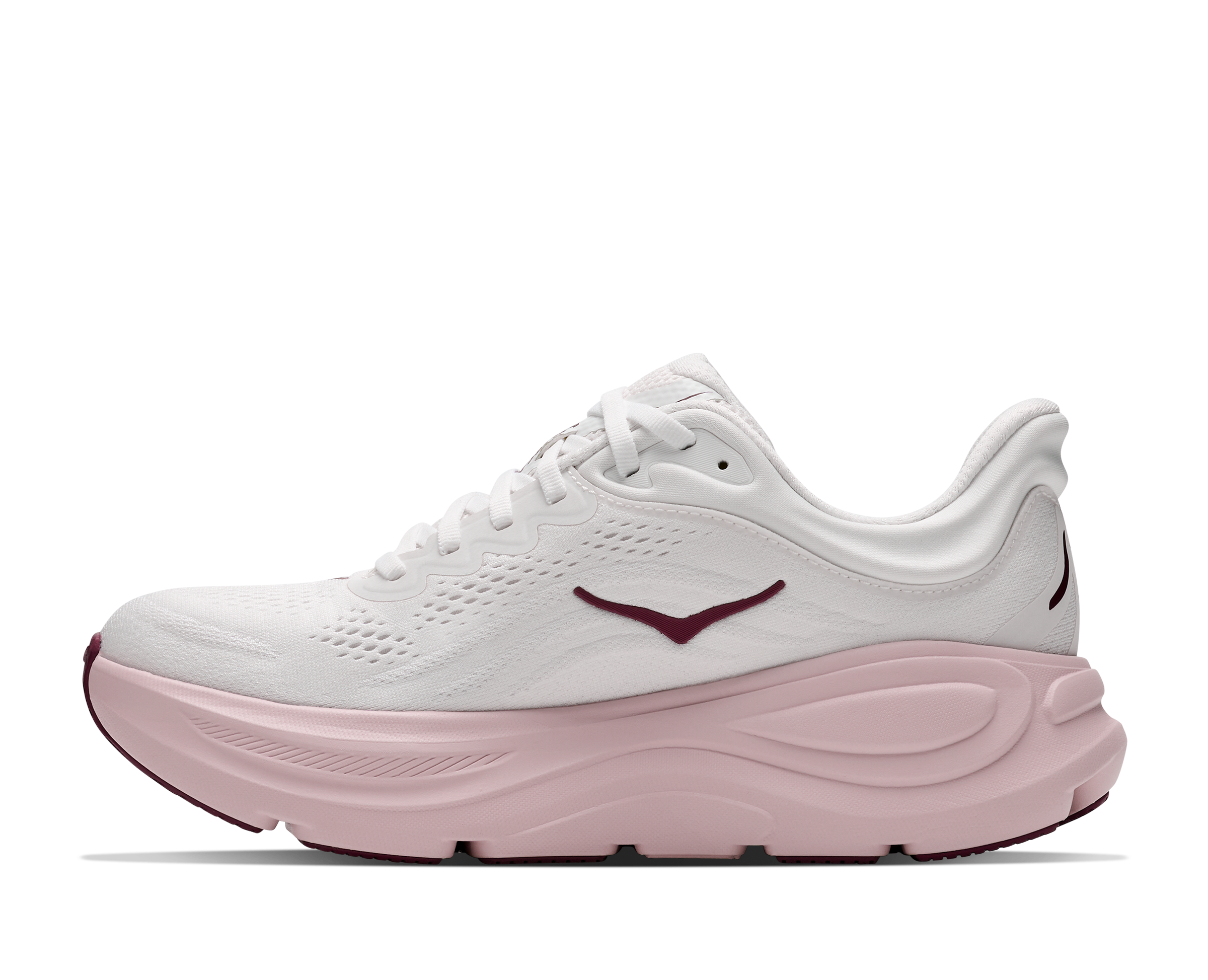 White and pink running shoe on a white background