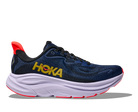 Blue running shoe with red accents and 'Hoka' branding on a white background