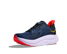 Blue running shoe with red soles and yellow accents on a white background