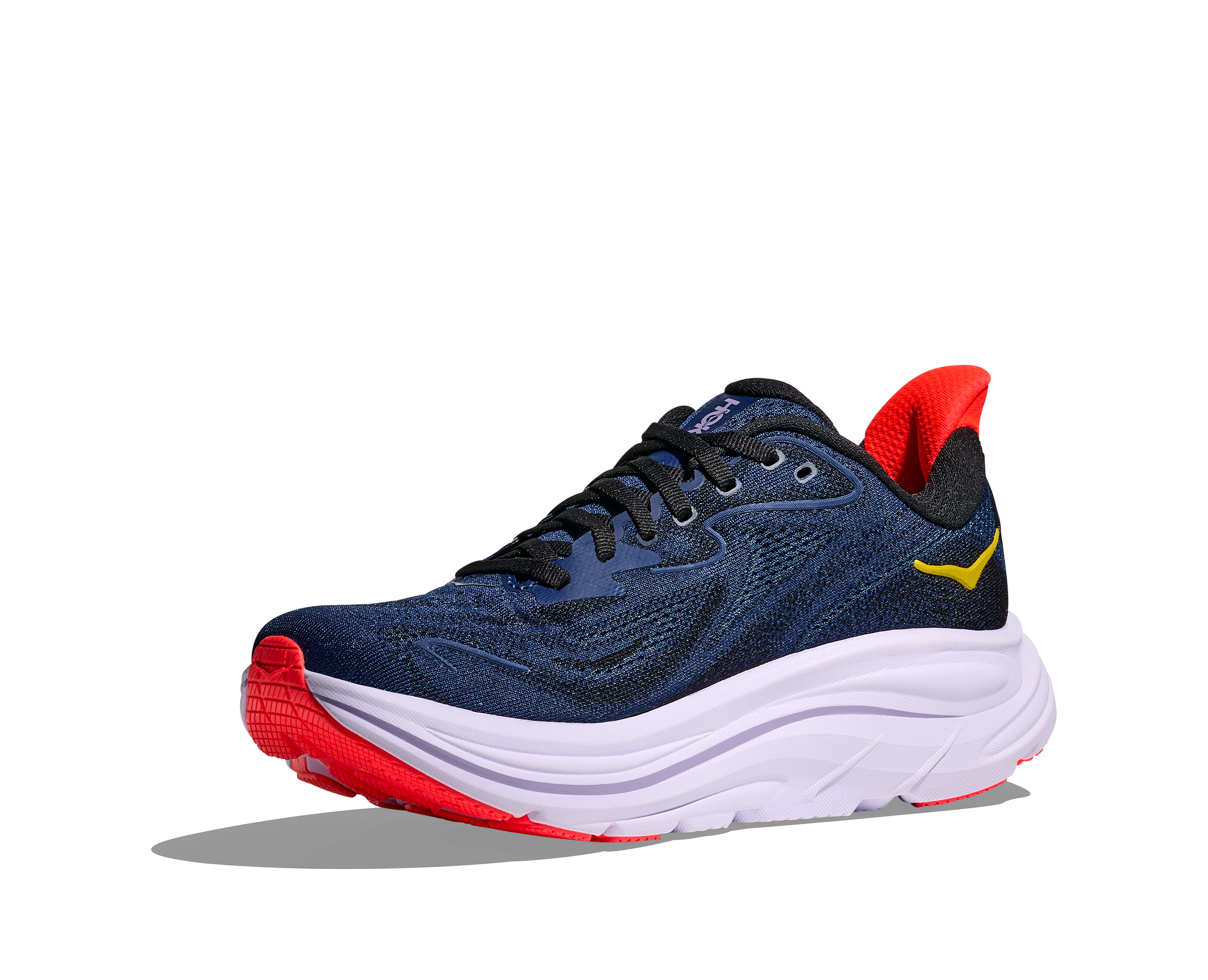 Blue running shoe with red soles and yellow accents on a white background