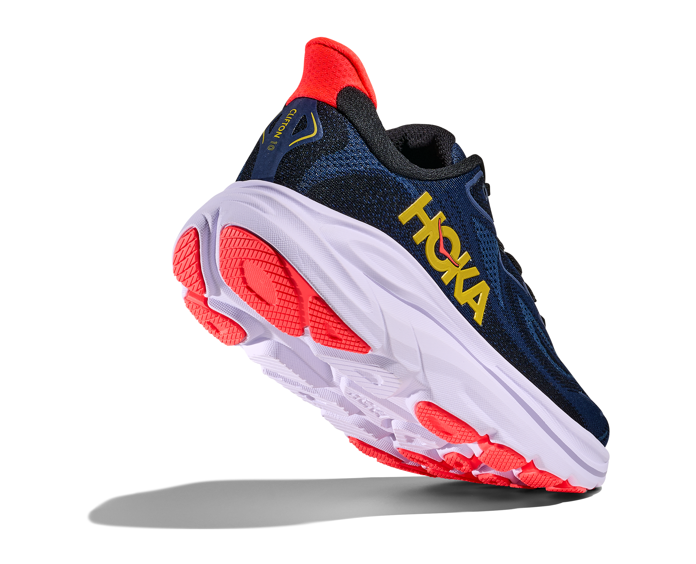 Navy and red running shoe with 'Hoka' branding on a white background