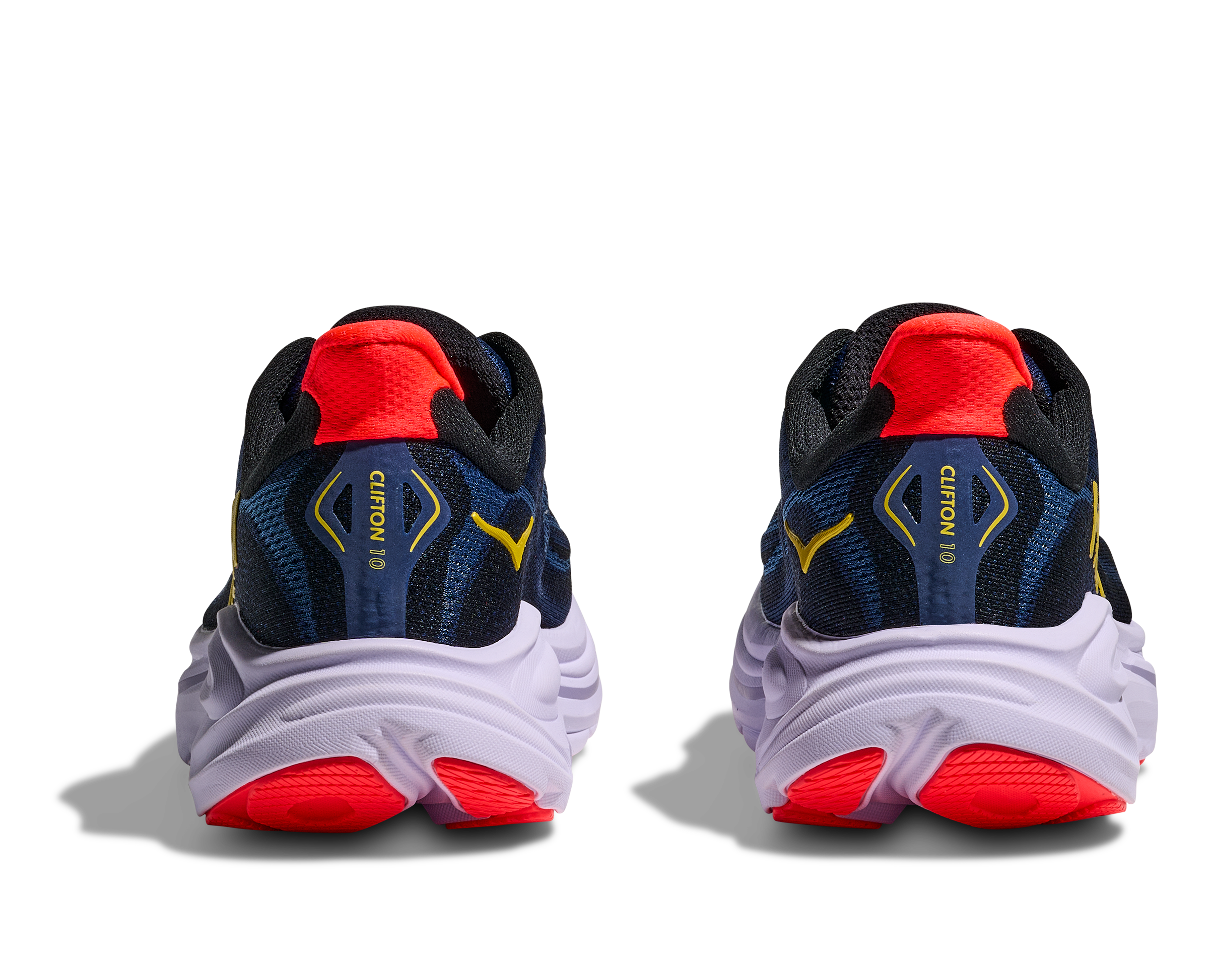 Pair of black and red running shoes with visible brand logo on a white background