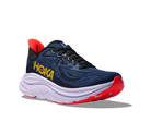 Blue running shoe with red accents and yellow 'Hoka' branding on a white background