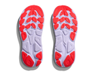 Close-up of a pair of red and gray athletic shoe soles on a white background