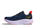 Navy running shoe with red accents on a white background